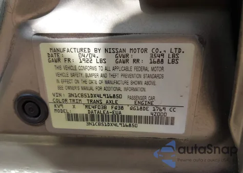 2004 Nissan Sentra 1.8S z USA, uszkodzony, nr VIN 3N1CB51DX4L916850